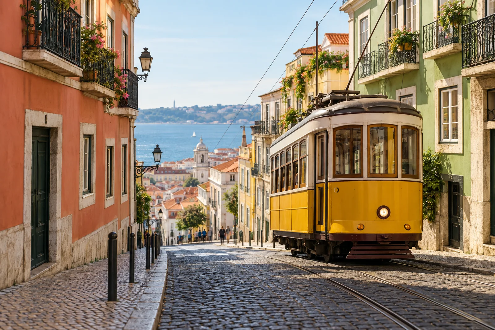 A yellow tram on a sunlit Lisbon street