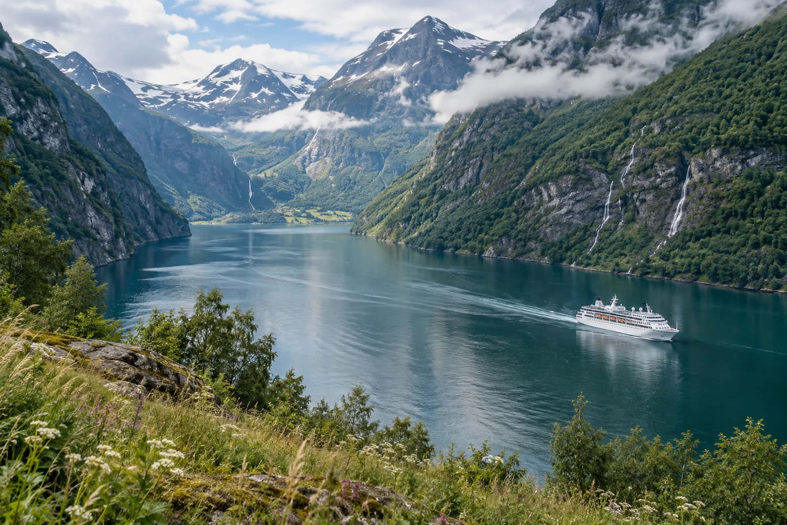 A cruise ship travelling through a green Norwegian fjord