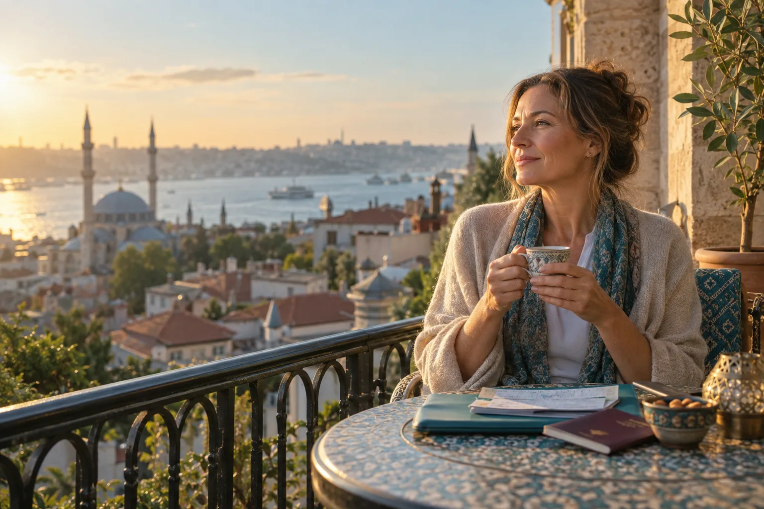 A woman relaxing with a cup of tea on a sunlit hotel balcony abroad